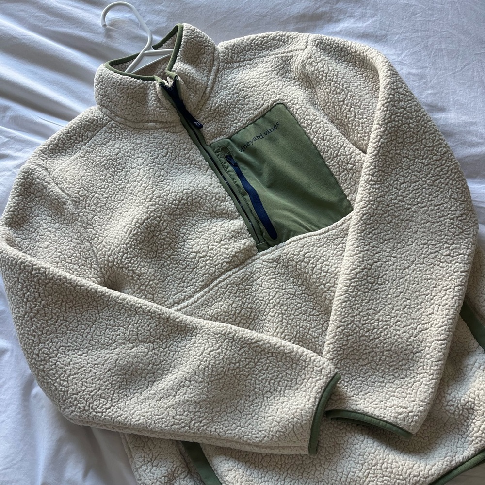 Vineyard Vines Cream Sherpa Jacket with Olive Trim